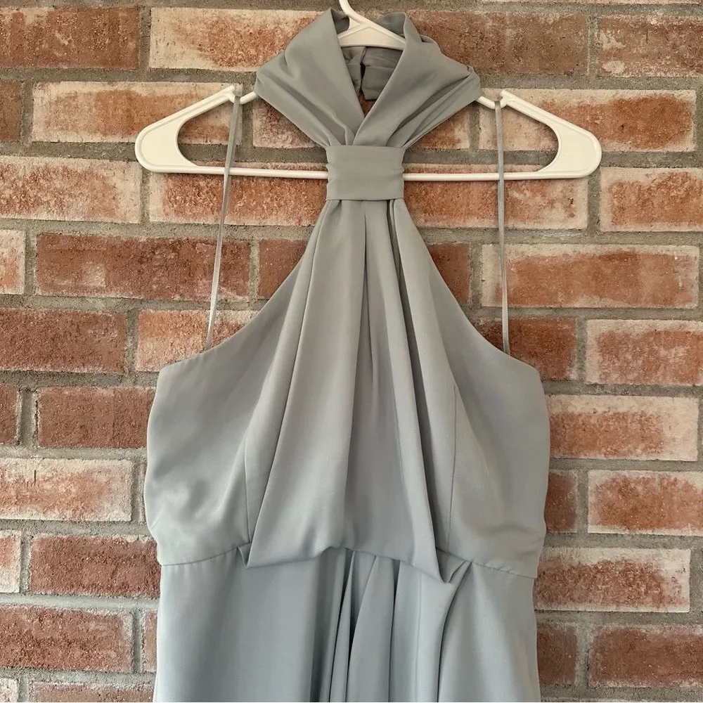 Shona Joy Halter Midi Cocktail Dress Knot Front Draped Womens 8 Blue Gray Formal